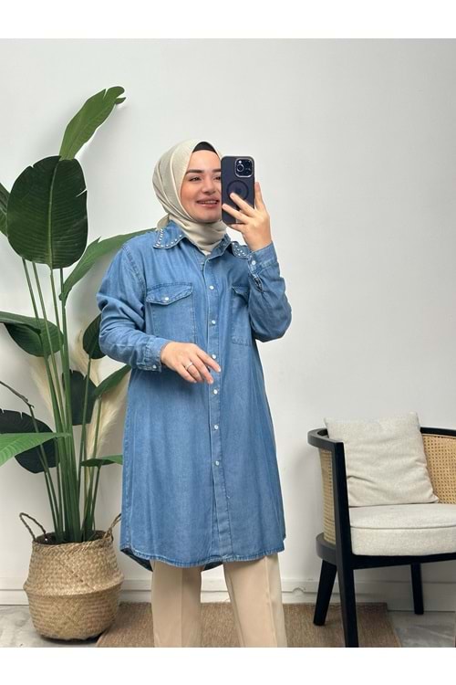 AKAY TAŞLI KOT GÖMLEK - AÇIK MAVİ - 1