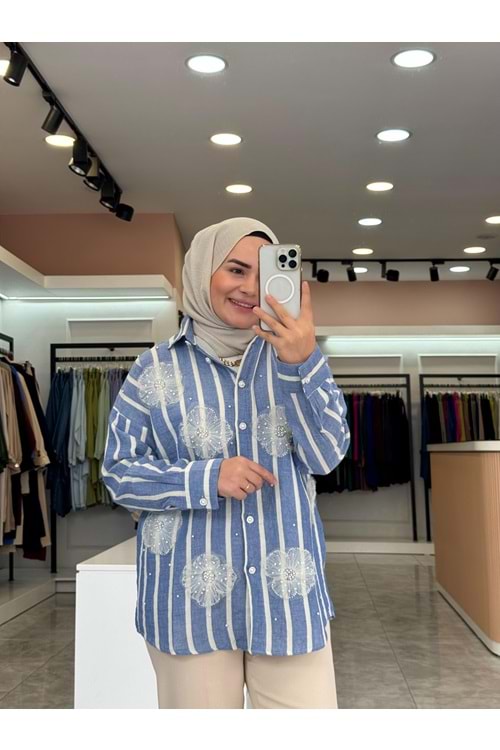 ÇİÇEK ÇİZGİLİ GÖMLEK - İNDİGO MAVİ - L-XL