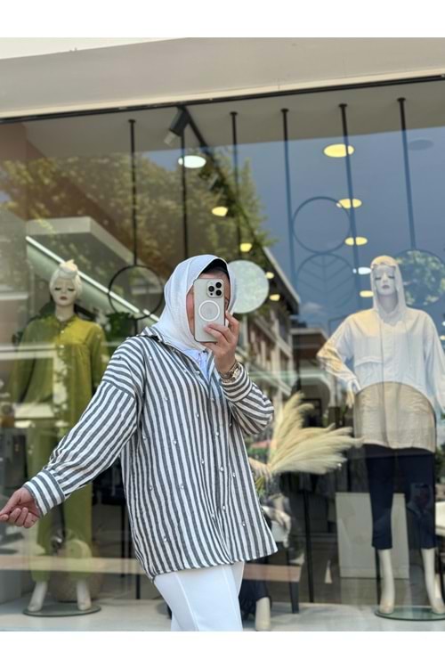 TAŞ ÇİZGİLİ KETEN GÖMLEK - SİYAH - L-XL