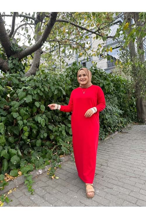 ŞERİT KOL MERSERİZE ELBİSE - KIRMIZI - STD