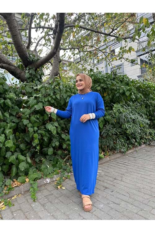 ŞERİT KOL MERSERİZE ELBİSE - SAKS MAVİSİ - STD