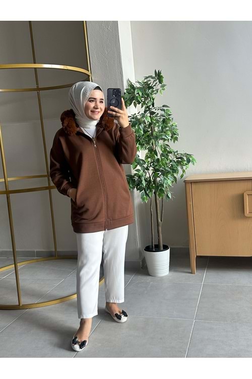 KÜRK DETAYLI SWEAT HIRKA - ACI KAHVE - 1