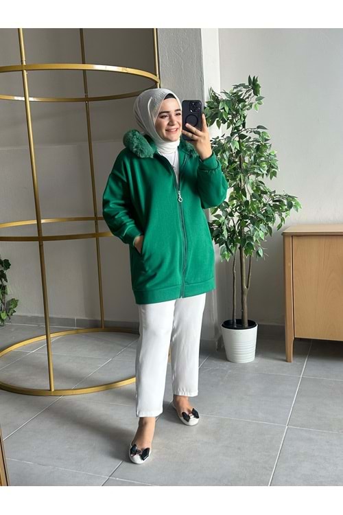 KÜRK DETAYLI SWEAT HIRKA - BENETTON YEŞİLİ - 1