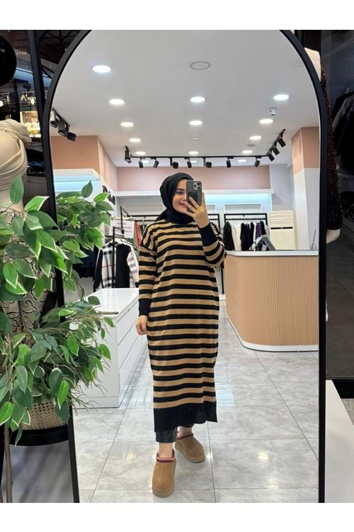 ÇİZGİLİ TRİKO TUNİK - CAMEL - STD