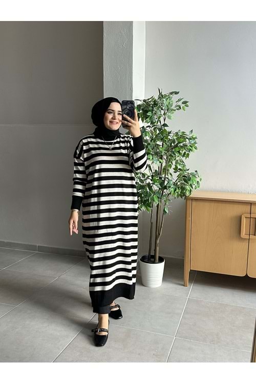 ÇİZGİLİ TRİKO TUNİK - SİYAH KREM - STD