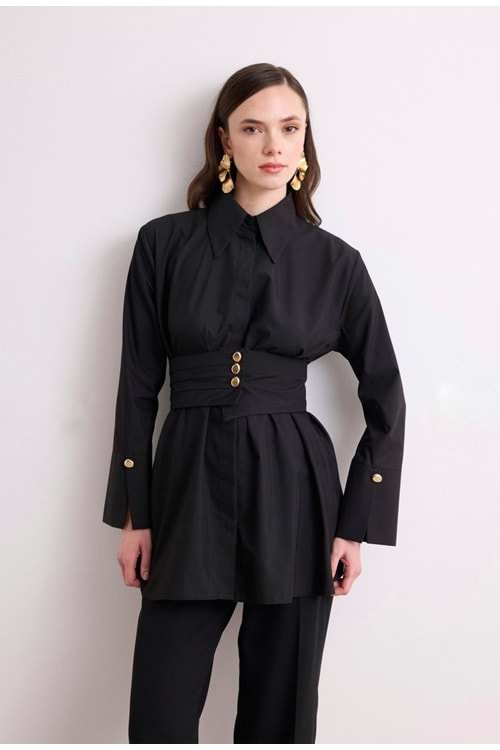 RİAN GENİŞ KEMERLİ GÖMLEK - SİYAH - 42