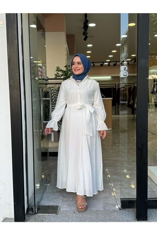 GÜLCE KUŞAKLI ELBİSE - BEYAZ - 2