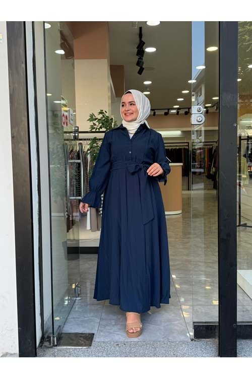GÜLCE KUŞAKLI ELBİSE - LACİVERT - 2