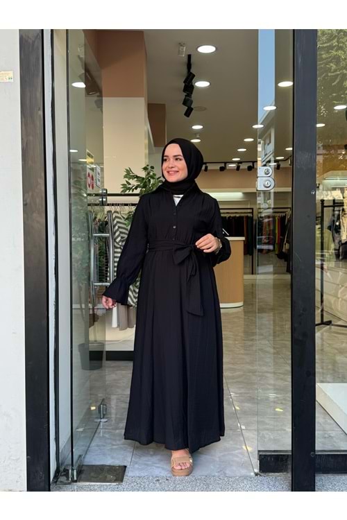GÜLCE KUŞAKLI ELBİSE - SİYAH - 2