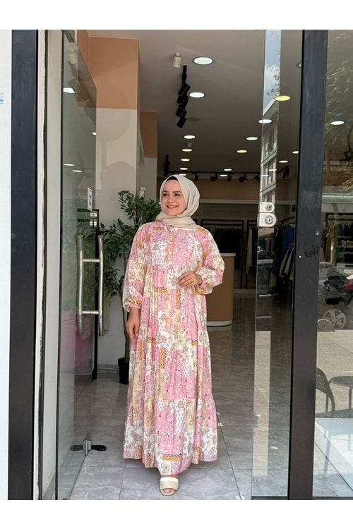 ŞAL DESEN ELBİSE - PEMBE - 1