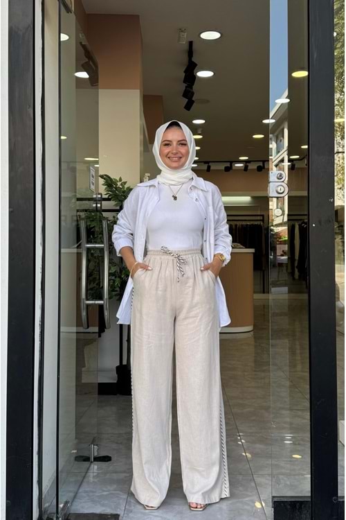 BİYE KETEN PANTOLON - KREM - L