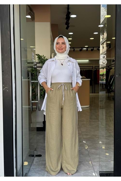 BİYE KETEN PANTOLON - YEŞİL - S