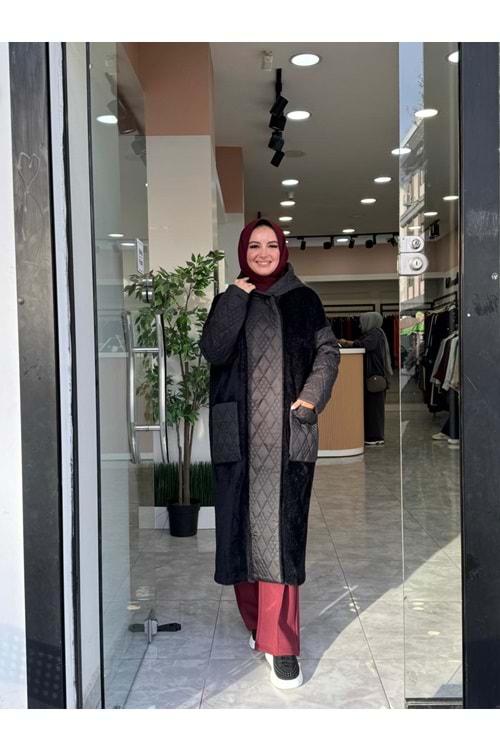 KAPÜŞONLU KAPİTONE ANGORA KABAN - SİYAH - 1