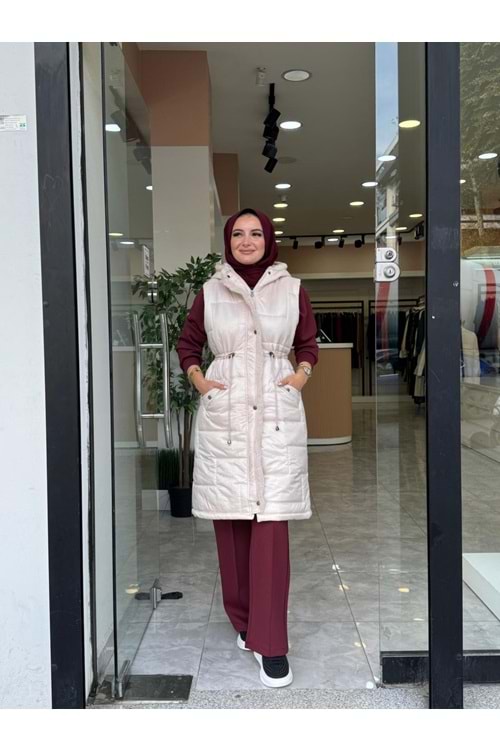 KOPÜŞONLU ARA BOY ŞİŞME YELEK - KREM - 38