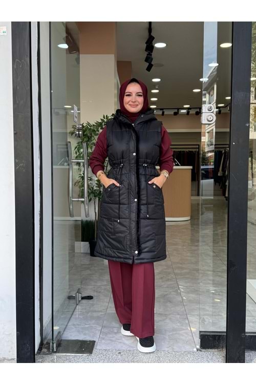 KOPÜŞONLU ARA BOY ŞİŞME YELEK - SİYAH - 40
