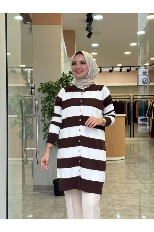 ÇİZGİLİ TRİKO HIRKA - KAHVERENGİ - STD