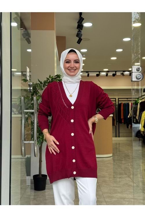 MERSERİZE BÜZGÜ DÜĞMELİ HIRKA - BORDO - STD