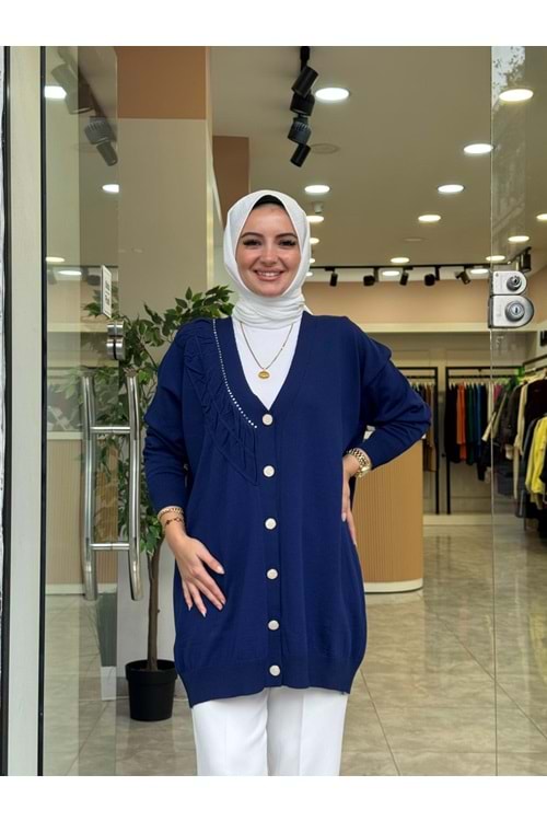MERSERİZE BÜZGÜ DÜĞMELİ HIRKA - LACİVERT - STD