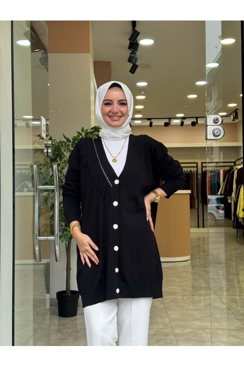 MERSERİZE BÜZGÜ DÜĞMELİ HIRKA - SİYAH - STD