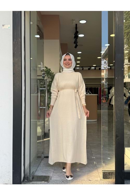 PULLU SEYYAR KUŞAK ELBİSE - KREM - STD