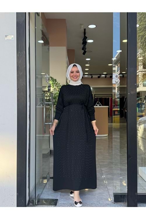 PULLU SEYYAR KUŞAK ELBİSE - SİYAH - STD