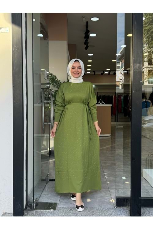 PULLU SEYYAR KUŞAK ELBİSE - YAĞ YEŞİLİ - STD