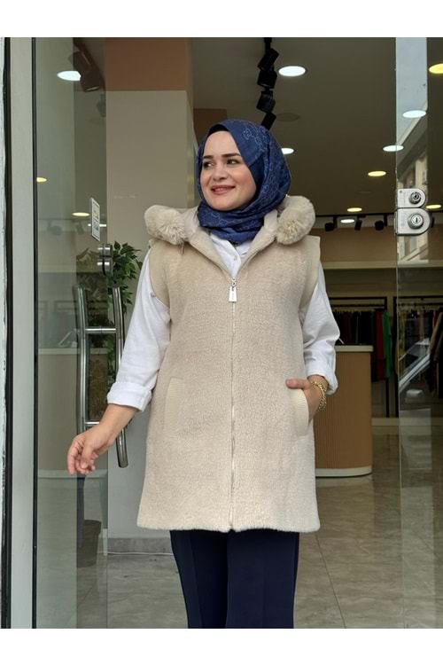 ANGORA KAPÜŞONLU YELEK - KREM - 1
