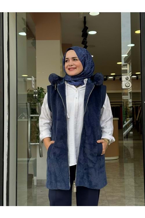 ANGORA KAPÜŞONLU YELEK - LACİVERT - 1