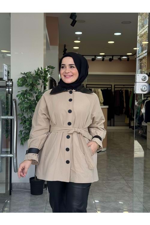 DERİ YAKA CEKET - KREM - 2