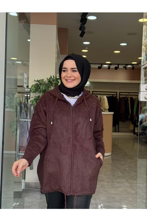 KAPÜŞONLU ANGORA HIRKA - KAHVERENGİ - STD