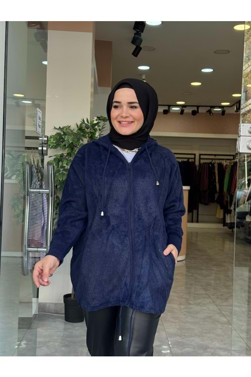 KAPÜŞONLU ANGORA HIRKA - LACİVERT - STD