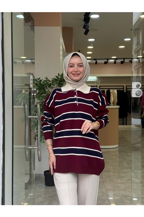 TRİKO İNCE ÇİZGİ KAZAK - BORDO - STD