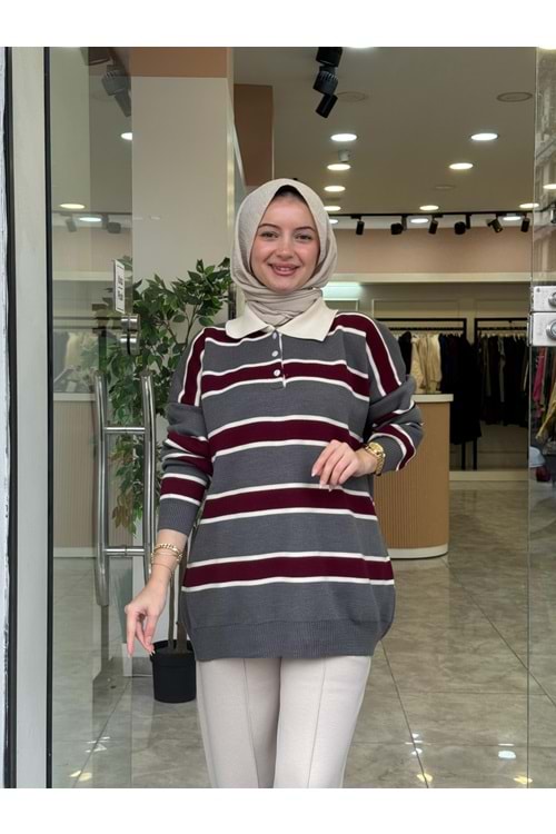 TRİKO İNCE ÇİZGİ KAZAK - GRİ - STD