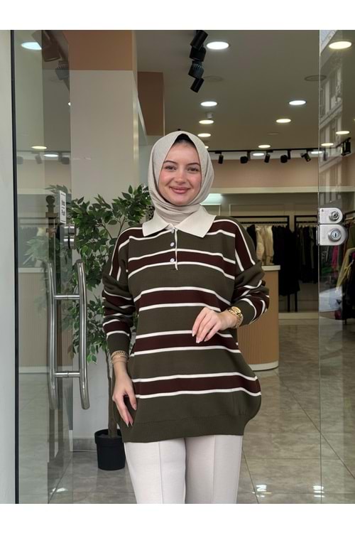 TRİKO İNCE ÇİZGİ KAZAK - YEŞİL - STD