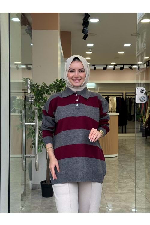 TRİKO KALIN ÇİZGİ KAZAK - BORDO - STD