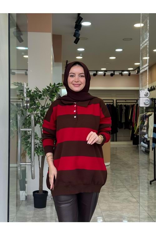 TRİKO KALIN ÇİZGİ KAZAK - KIRMIZI - STD