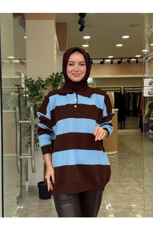 TRİKO KALIN ÇİZGİ KAZAK - MAVİ - STD