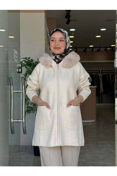 KAPÜŞONLU KÜRK HIRKA - EKRU - STD