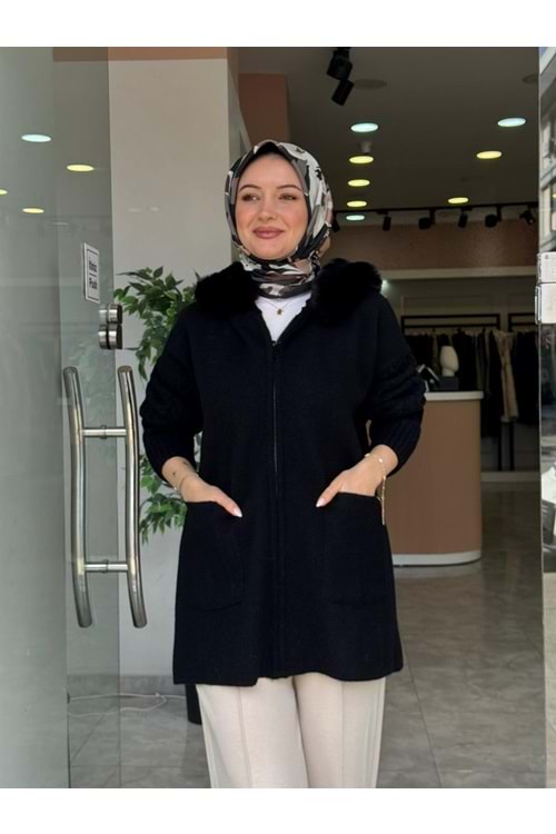 KAPÜŞONLU KÜRK HIRKA - SİYAH - STD