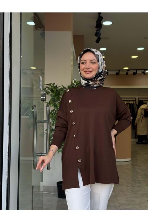 ÇAPRAZ DÜĞME MERSERİZE TUNİK - KAHVE - STD