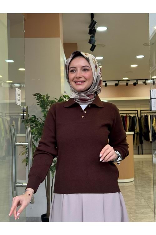 YARIM DÜĞMELİ KAZAK - KAHVERENGİ - STD