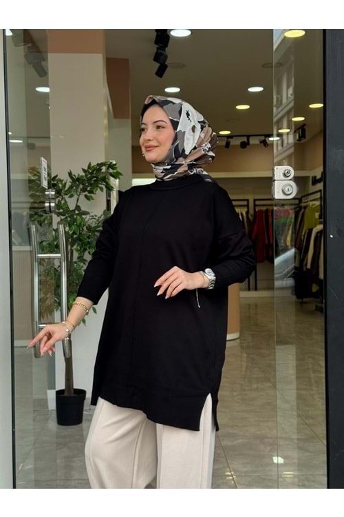 YAN YIRTMAÇ MERSERİZE TUNİK - SİYAH - STD
