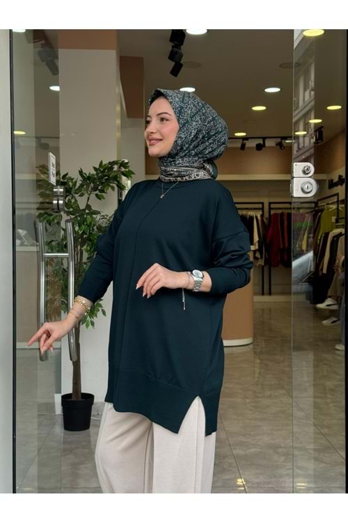 YAN YIRTMAÇ MERSERİZE TUNİK - ZÜMRÜT YEŞİLİ - STD