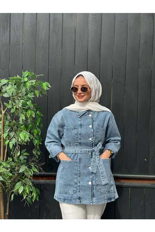 DÜZ KUŞAKLI KOT CEKET - MAVİ - L-XL