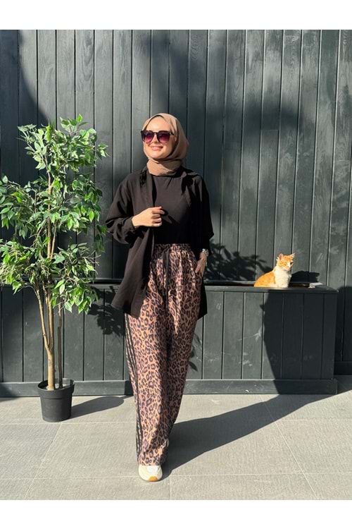 LEOPAR ŞERİT PANTOLON - KAHVERENGİ - L