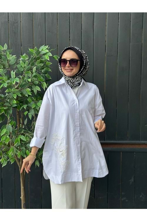POPLİN İŞLEME GÖMLEK - BEYAZ - L-XL