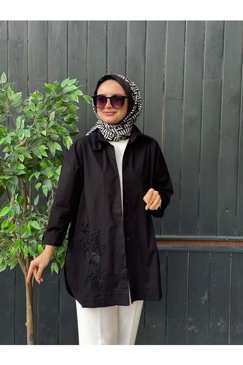 POPLİN İŞLEME GÖMLEK - SİYAH - S-M