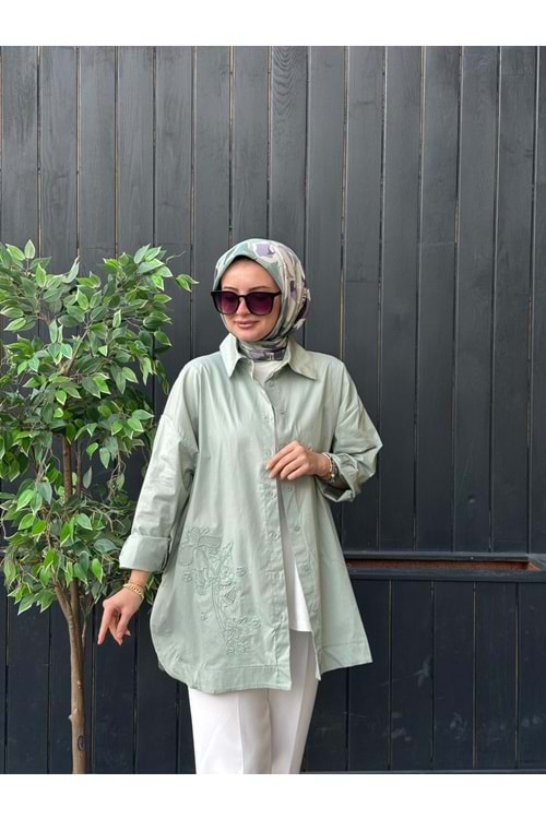 POPLİN İŞLEME GÖMLEK - YEŞİL - L-XL