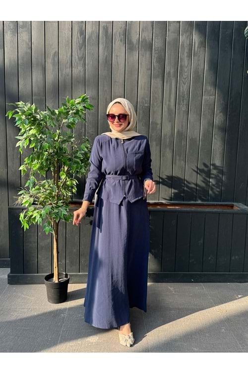 MODAL CUPRA KEMERLİ ELBİSE - LACİVERT - XL