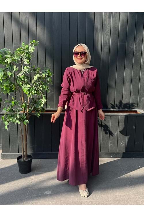 MODAL CUPRA KEMERLİ ELBİSE - MÜRDÜM - XL